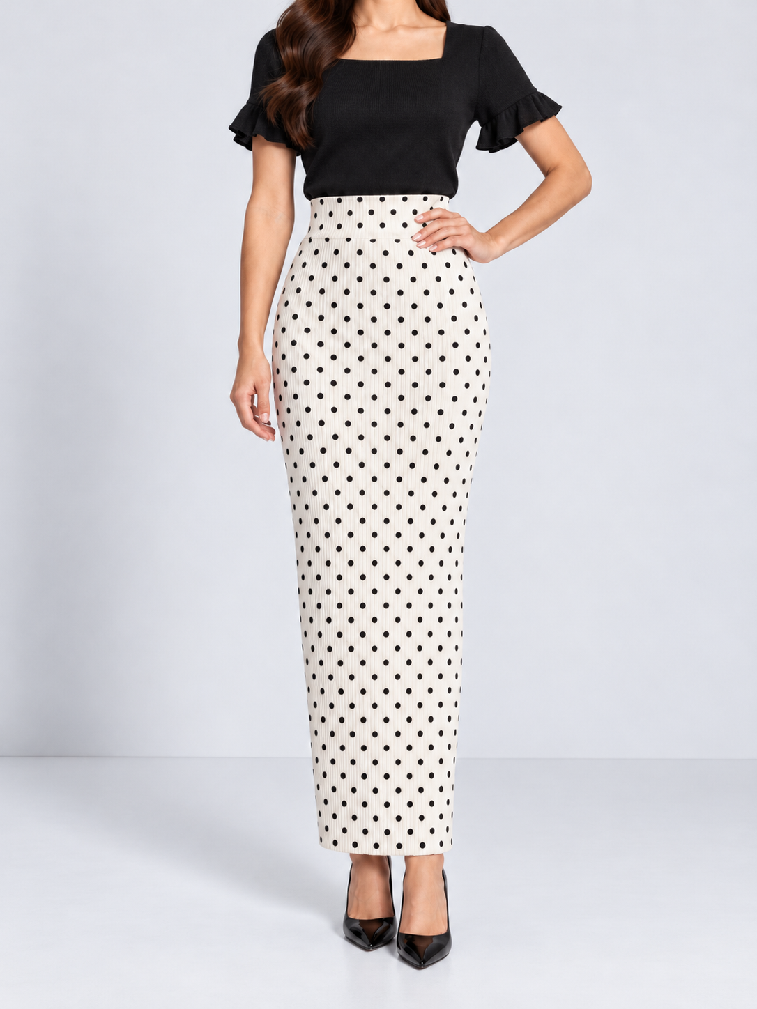 Double-Layer Maxi Pencil Skirt | White Polka