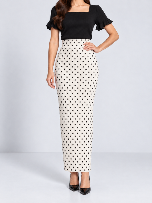 Double-Layer Maxi Pencil Skirt | White Polka