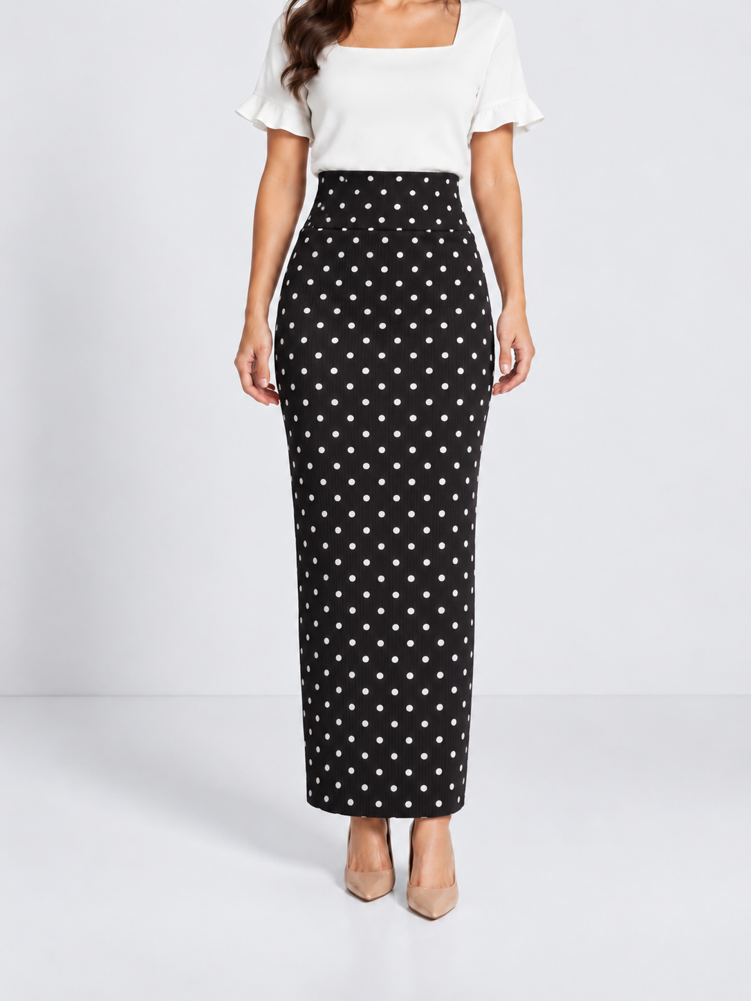 Double-Layer Maxi Pencil Skirt | Black Polka