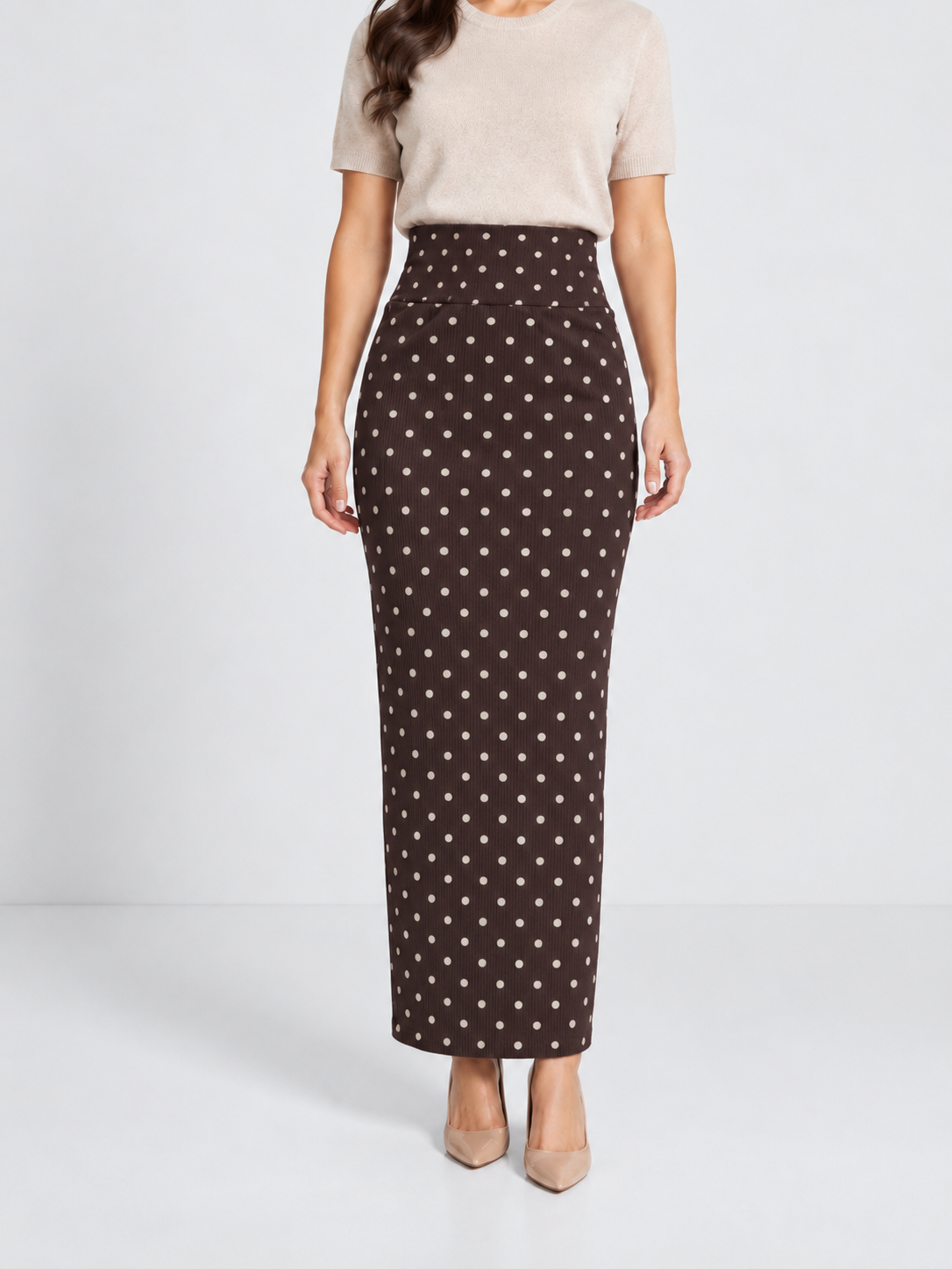 Double-Layer Maxi Pencil Skirt | Brown Polka